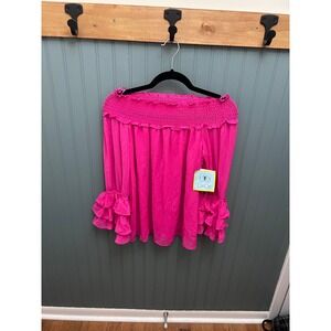 CeCe Hot Pink Off Shoulder‎ Smocked Ruffle Sleeve Blouse Top